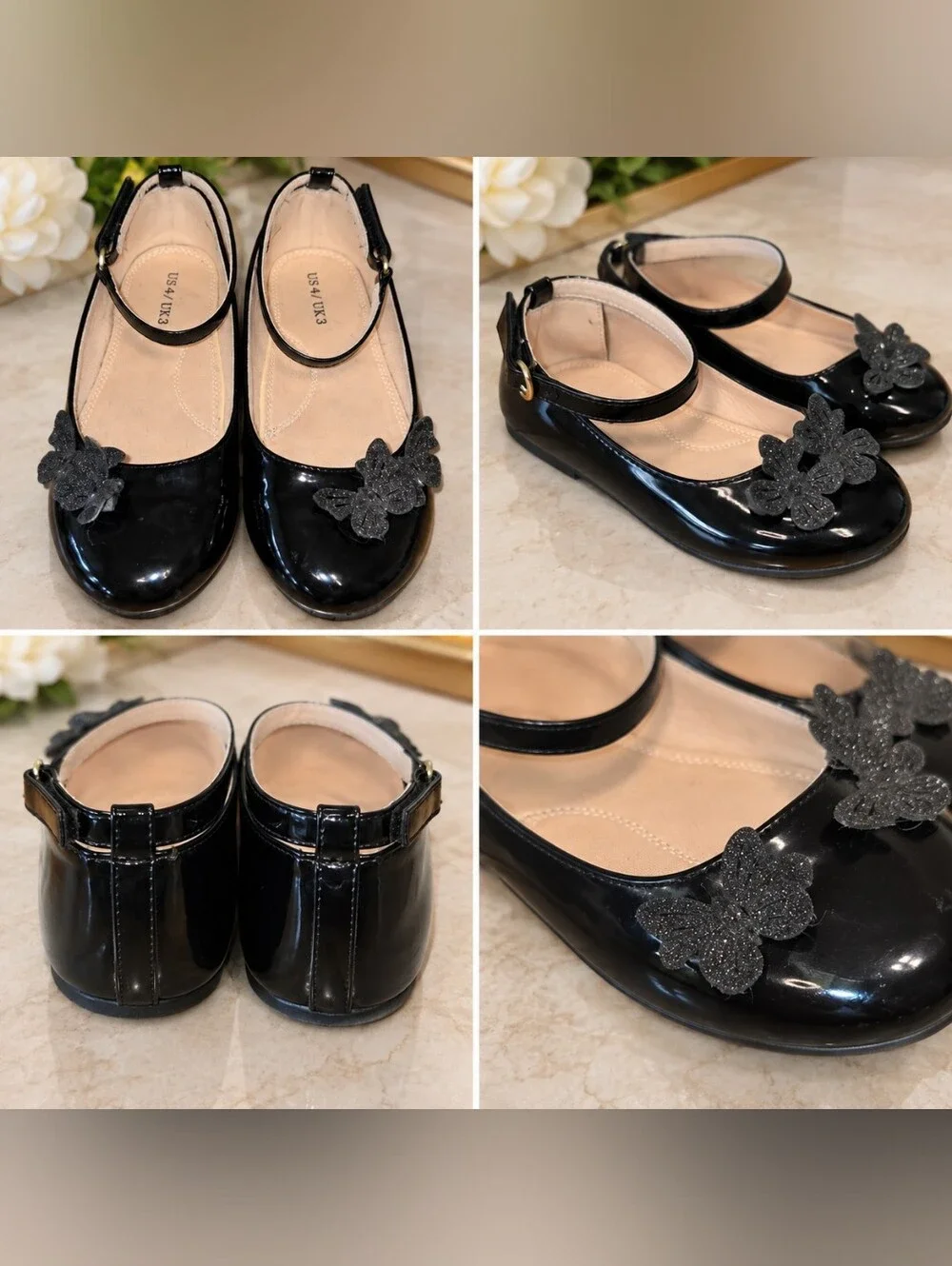 Girls Black Patent Mary Jane Flats with Glitter Butterflies – Size 4